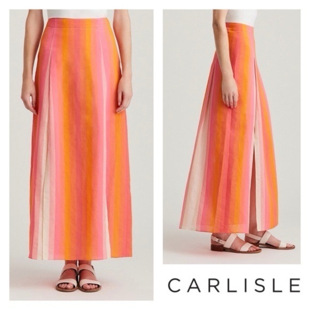 Per Se by Carlisle Oleander Italian Voile Maxi Skirt Pink Orange Stripe Size 8